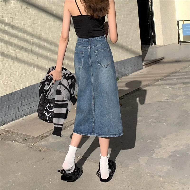 High-Waisted Denim Skirt With Slit