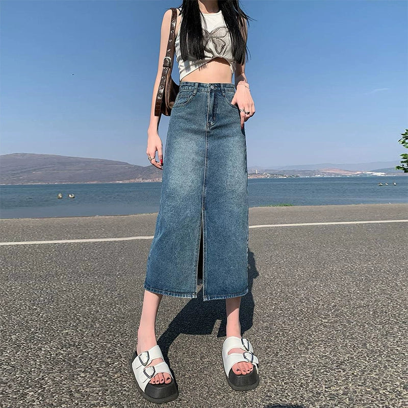 High-Waisted Denim Skirt With Slit