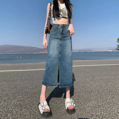 High-Waisted Denim Skirt With Slit