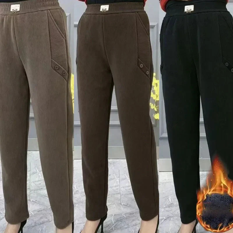 Women's Button-Detail Warm Thickened Casual Pants