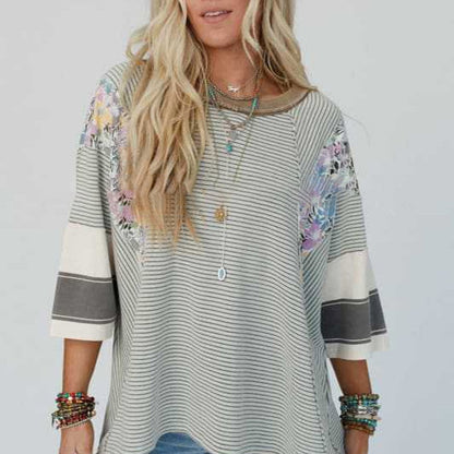 Women's Batwing 3/4 Sleeve Stripe Patchwork Blouse