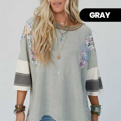 Women's Batwing 3/4 Sleeve Stripe Patchwork Blouse