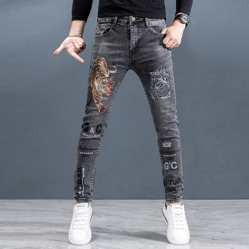 Men's Printed Slim Fit Straight-Leg Jeans