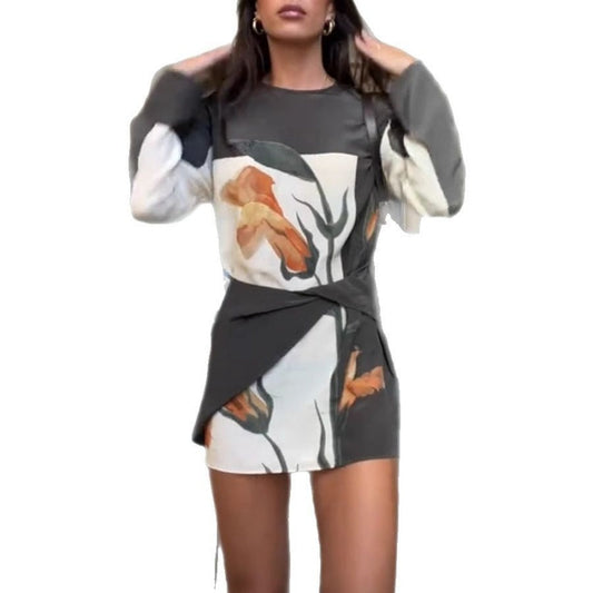Women's long-sleeved mini dress with fashionable print
