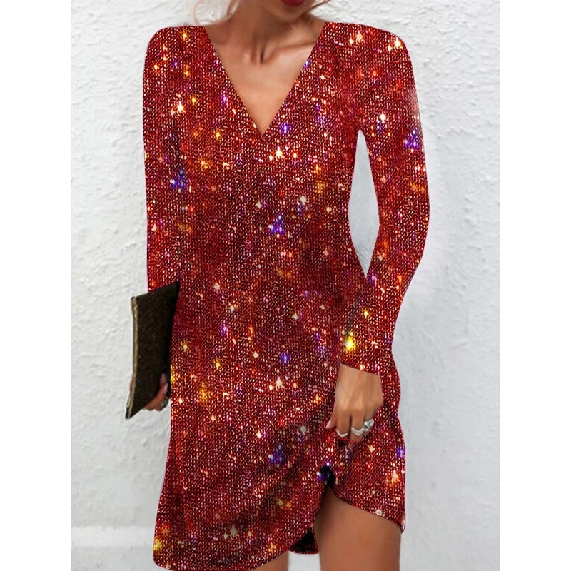 Graceful V-Neck Long Sleeve Glitter Sequin Dress🔥Limited time offer