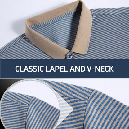 Men’s Casual Lapel V-Neck Striped Tops