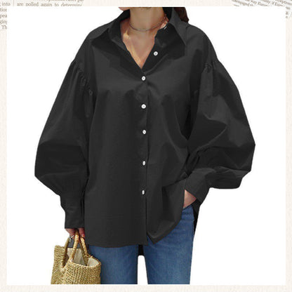 Women's Casual Solid Color Lantern Sleeve Lapel Shirt