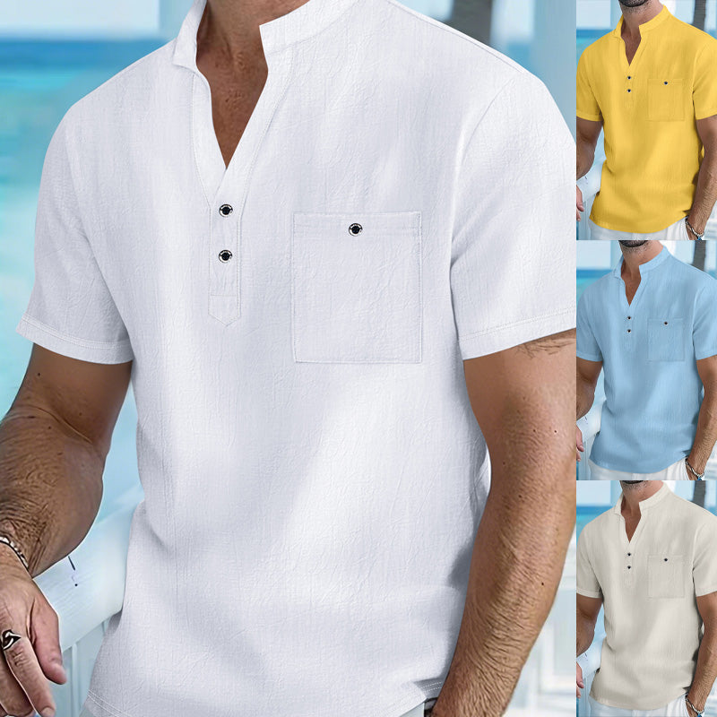 Men's Casual Linen Short Sleeve Stand Collar T-Shirt
