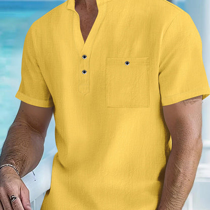 Men's Casual Linen Short Sleeve Stand Collar T-Shirt