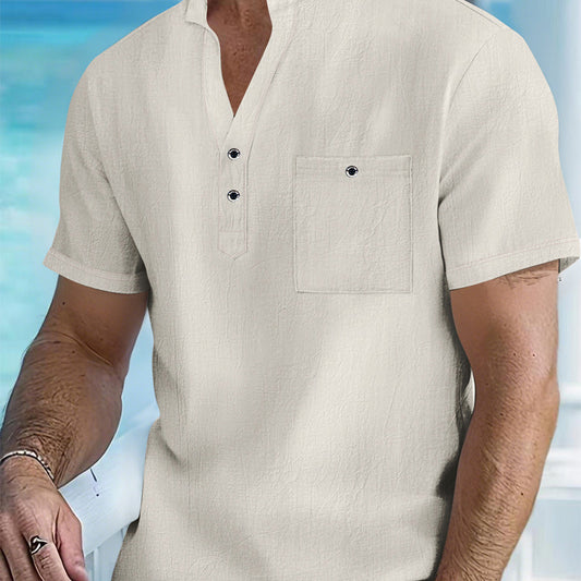 Men's Casual Linen Short Sleeve Stand Collar T-Shirt