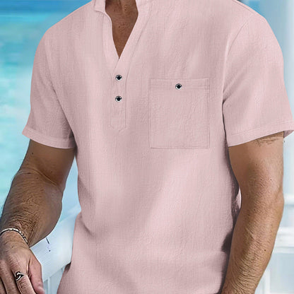 Men's Casual Linen Short Sleeve Stand Collar T-Shirt