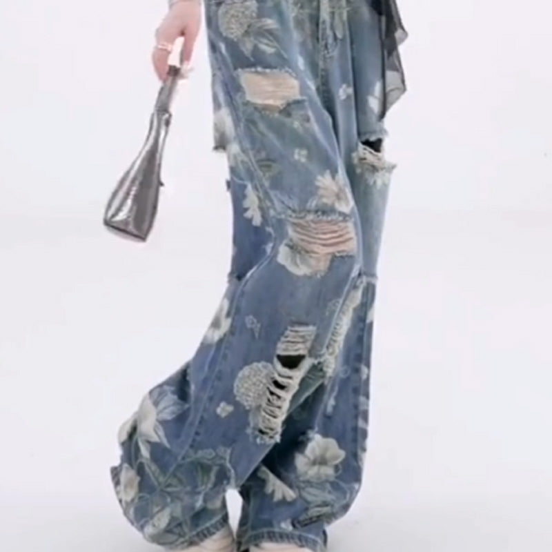 Women's Loose Ripped Wide-Leg Denim Jeans