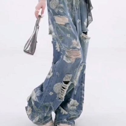 Women's Loose Ripped Wide-Leg Denim Jeans