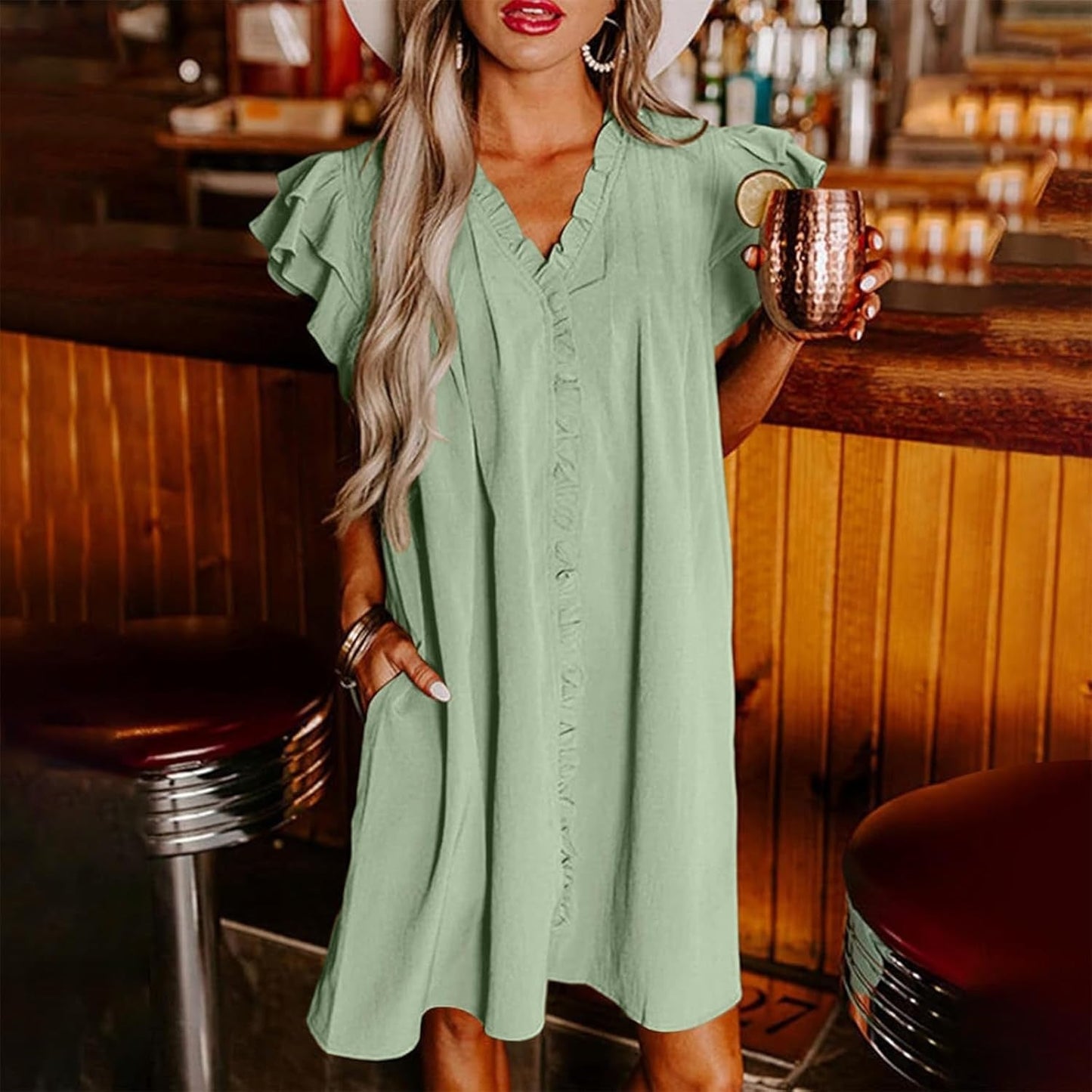 🌴Summer Specials🌴Women's Casual V-Neck Ruffle Pleated Dress