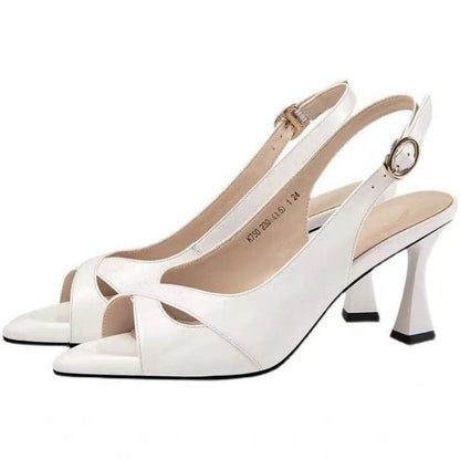 👠Elegant White Peep-Toe Heels with Ankle Strap & Adjustable Buckle🥰