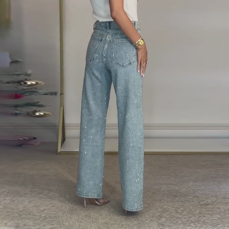 💫 Rhinestone straight-leg jeans|Micro-stretch fabric with a high waist and a slim look