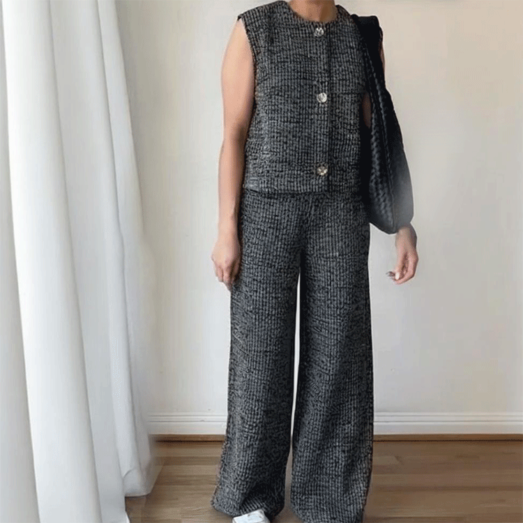 Women's Round Neck Button Down Sleeveless Vest & Pants Set