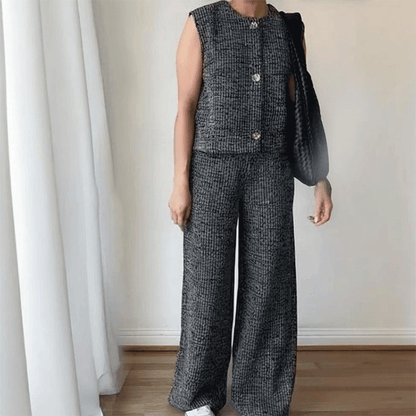 Women's Round Neck Button Down Sleeveless Vest & Pants Set