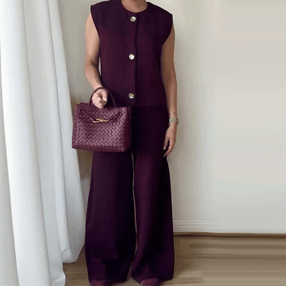 Women's Round Neck Button Down Sleeveless Vest & Pants Set