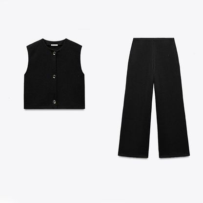Women's Round Neck Button Down Sleeveless Vest & Pants Set