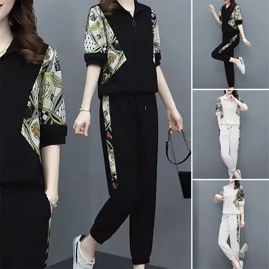 ⏳Time-limited Special⏰Women's Floral Patchwork Sports Short Sleeve Top & Casual Pants Set
