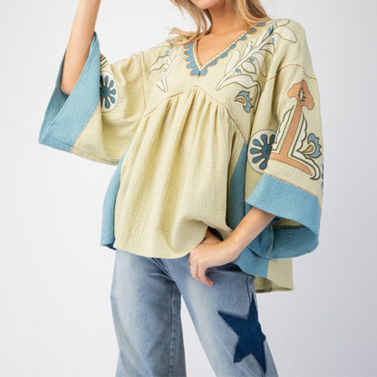 V-Neck Bell Sleeve Printed Top