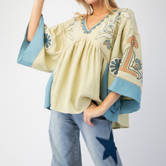 V-Neck Bell Sleeve Printed Top