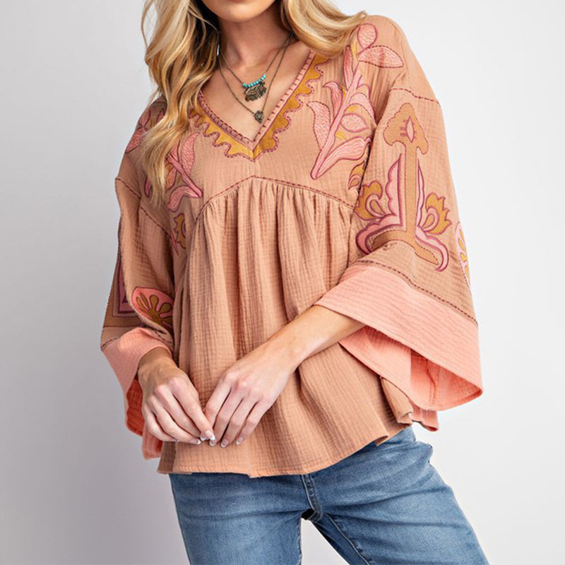 V-Neck Bell Sleeve Printed Top