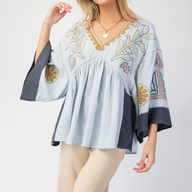 V-Neck Bell Sleeve Printed Top