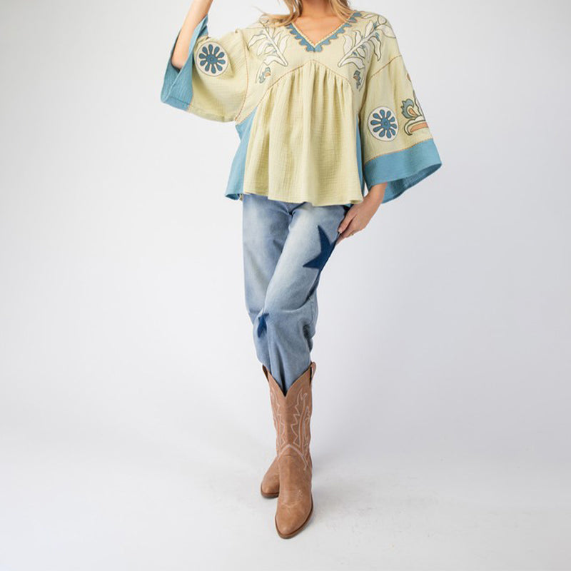 V-Neck Bell Sleeve Printed Top
