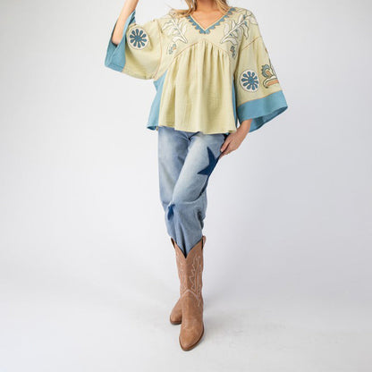V-Neck Bell Sleeve Printed Top