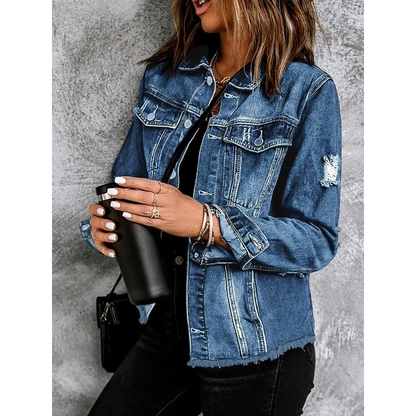 🍂Early Autumn Special Offer 50%OFF👔Women's Unique Raw Hem Long sleeves Denim Jackets