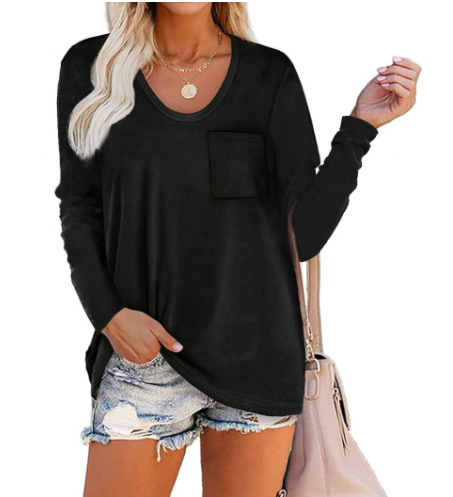 Solid Color Pocket Crew Neck Long Sleeve T-Shirt