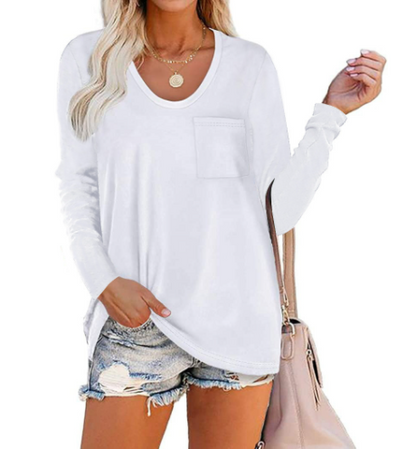 Solid Color Pocket Crew Neck Long Sleeve T-Shirt
