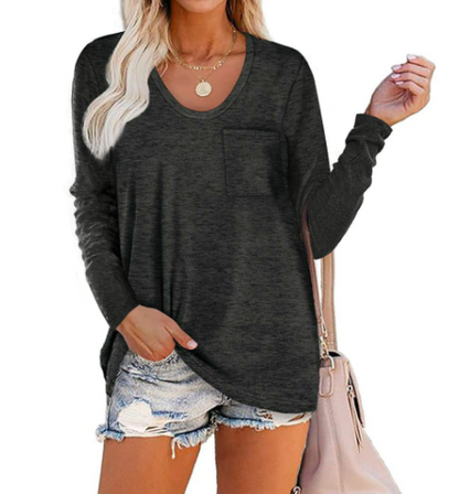 Solid Color Pocket Crew Neck Long Sleeve T-Shirt