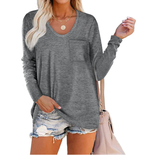 Solid Color Pocket Crew Neck Long Sleeve T-Shirt