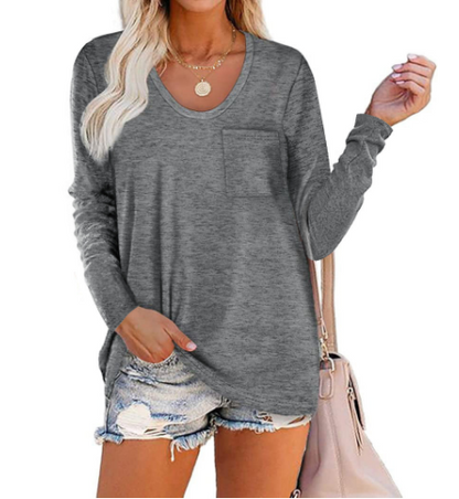 Solid Color Pocket Crew Neck Long Sleeve T-Shirt