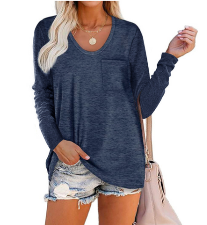 Solid Color Pocket Crew Neck Long Sleeve T-Shirt