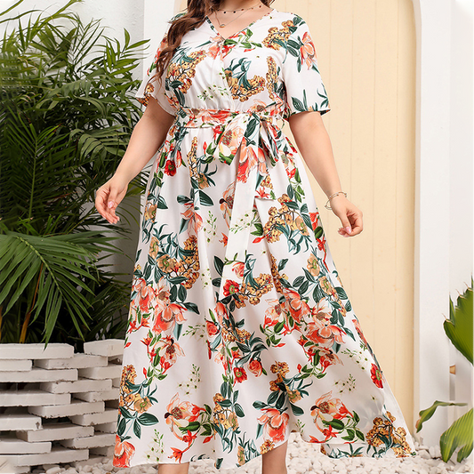 V-Neck Floral Tie-Waist Maxi Dress