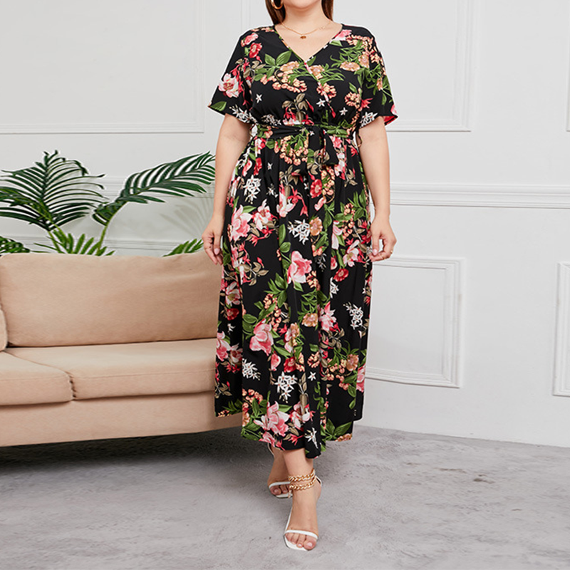 V-Neck Floral Tie-Waist Maxi Dress