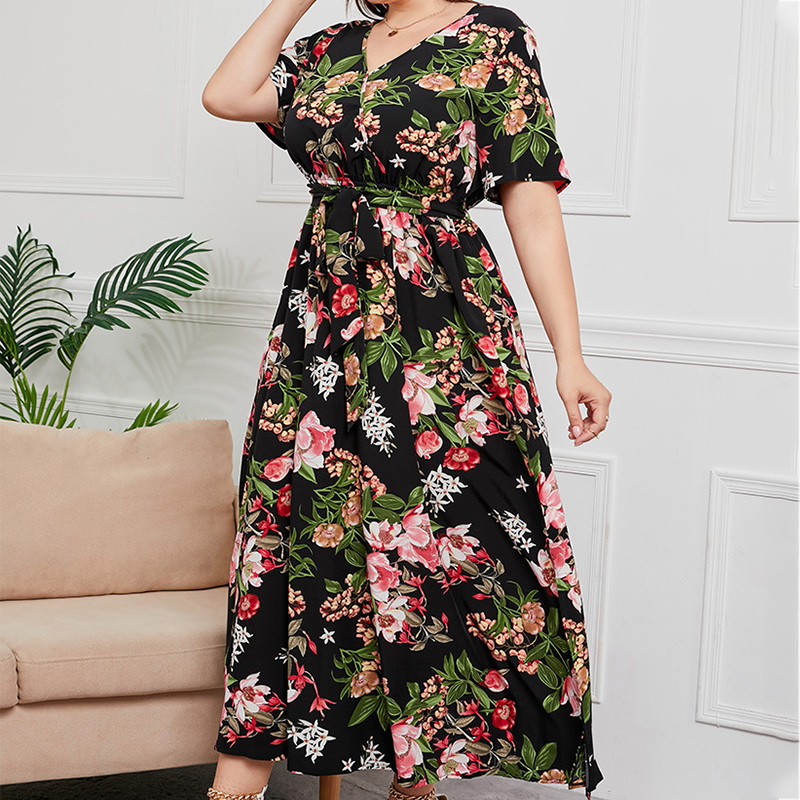 V-Neck Floral Tie-Waist Maxi Dress
