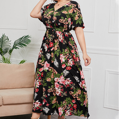 V-Neck Floral Tie-Waist Maxi Dress