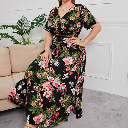 V-Neck Floral Tie-Waist Maxi Dress