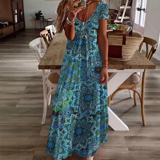 Women's V-Neck Floral Short Sleeve Dress