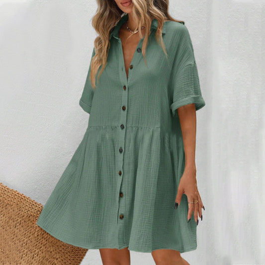 Shirt Neck Short Sleeve Button Midi Dress