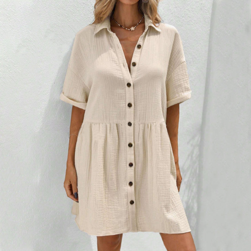 Shirt Neck Short Sleeve Button Midi Dress
