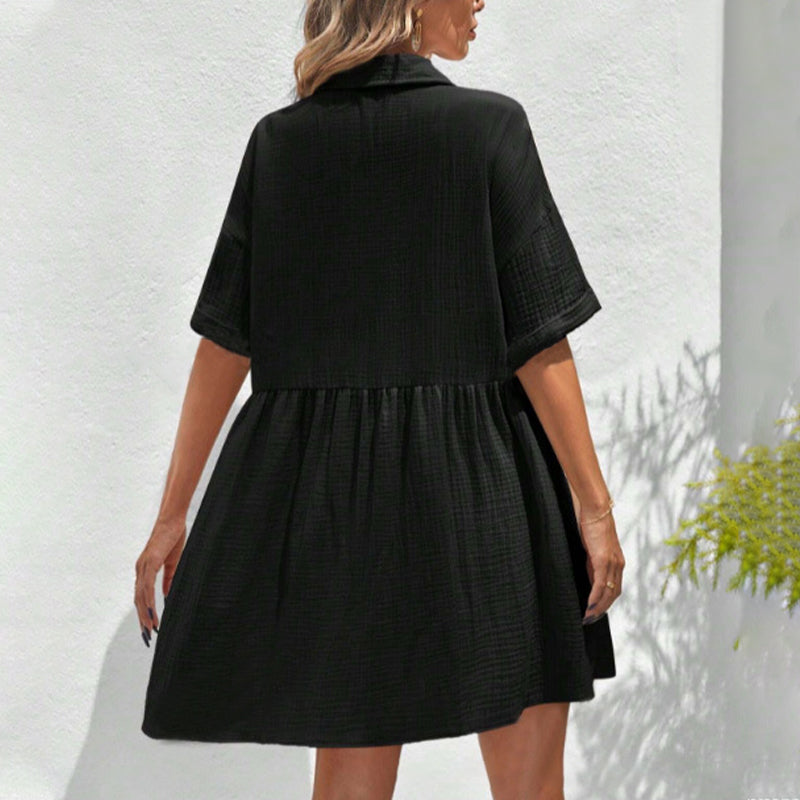 Shirt Neck Short Sleeve Button Midi Dress