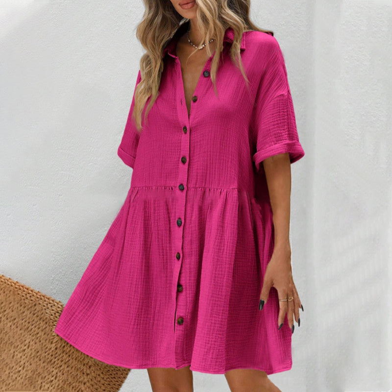 Shirt Neck Short Sleeve Button Midi Dress