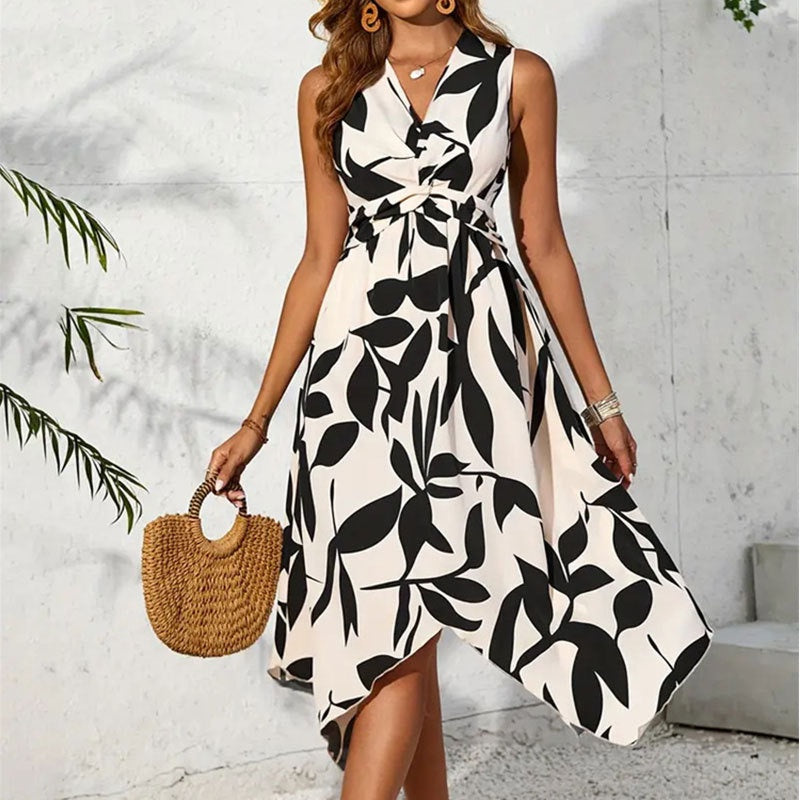Sleeveless Printed Handkerchief Hem Dress