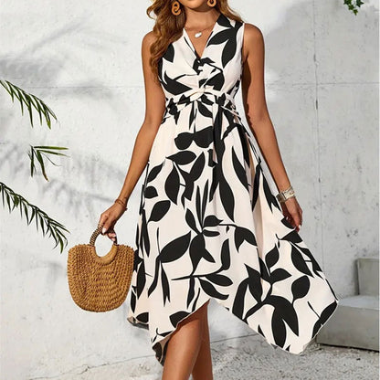 Sleeveless Printed Handkerchief Hem Dress